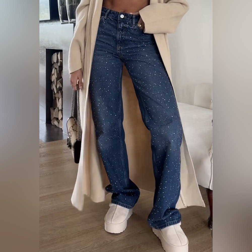 Zara - Rhinestone High Rise Straight Leg Jeans - Picture 9 of 10